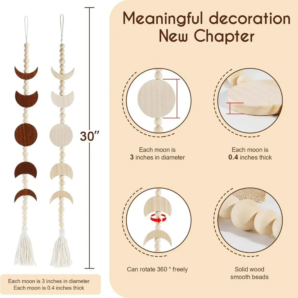 Boho‎ Decor Moon Phase Wall Hanging Wood Beaded with Tassel Phases of The Moon
